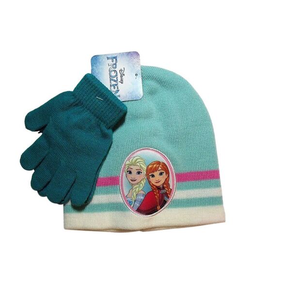 Disney Frozen Anna Elsa Teal Turquoise Knit Beanie Winter Hat Gloves‎ NWT - Picture 1 of 2